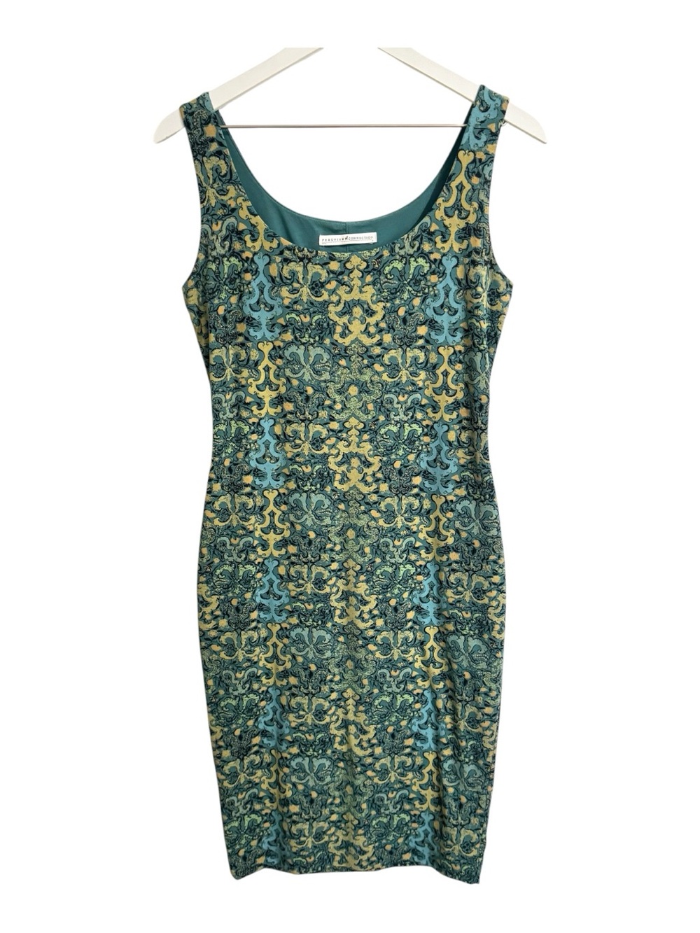 Peruvian Connection M Print Sleeveless Pima Cotton Blend Bodycon Dress Green